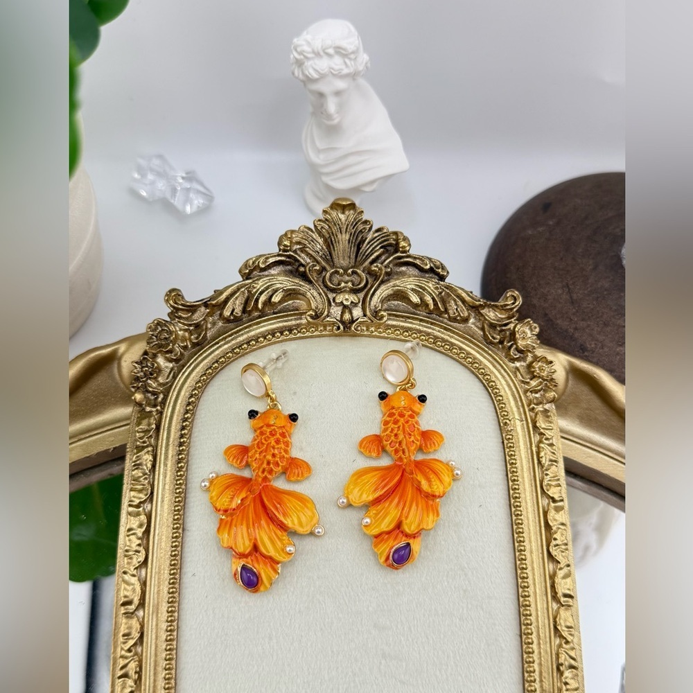 Statement Goldfish Earrings – Hand-Painted Enamel & Pearl Detail - Picture 1 of 10